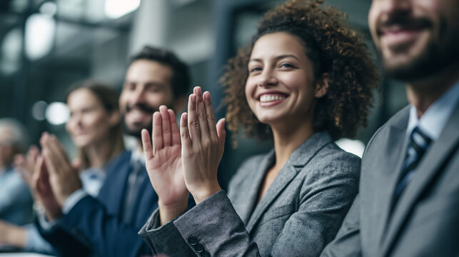 Diverse colleague celebrating success in office with smiling group and applause
