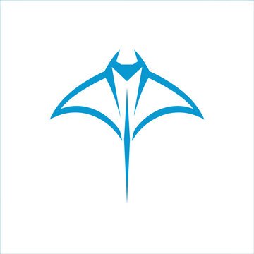Blue minimalist manta ray logo icon on white background.