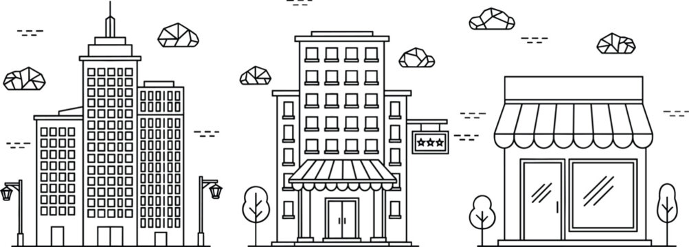 City street landscape line vector illustration set with modern skyscraper hotel building commercial store shop facade clouds