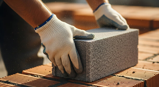 Close-up of a construction worker's gloved hands carefully placing a lightweight concrete block onto a layer of red bricks at a building site.