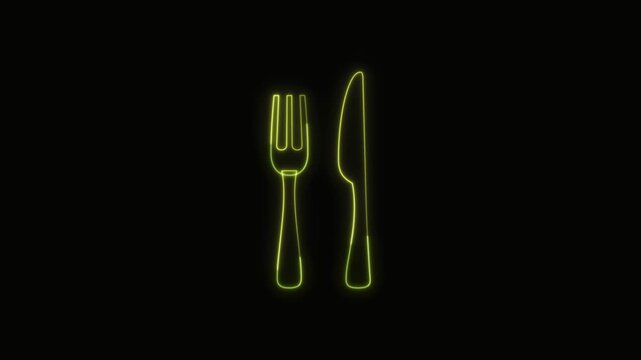  Fork and Knife Icon Neon Seamless Loop 4K with Black Background Animated Promotional Typography for Video Editing