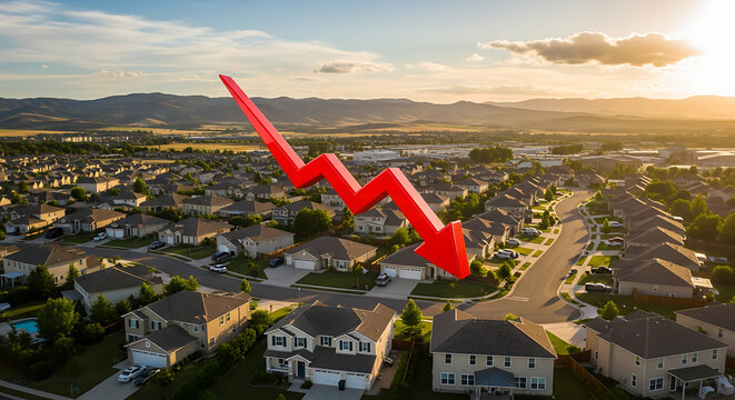 Aerial view of a suburban neighborhood with a large red arrow pointing down, symbolizing a decline in housing market or property values at sunset.
