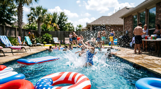 Summer Backyard Pool Party with Friends Splashing for Holiday Weekend Celebration and Fun