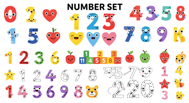 Educational number set with cute characters and fruits