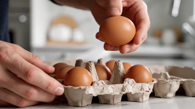 A person reaches for fresh brown eggs in a carton