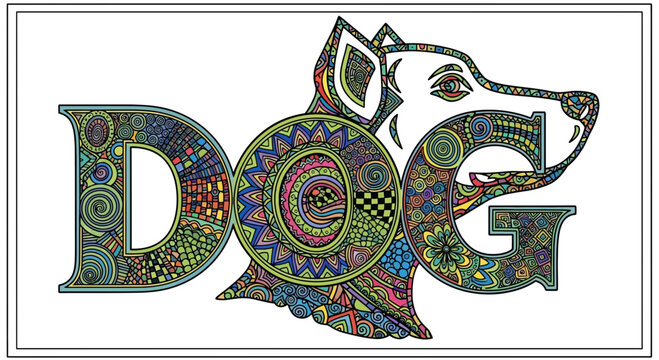 Artistic Dog Word Art with Intricate Patterns and Vibrant Colors