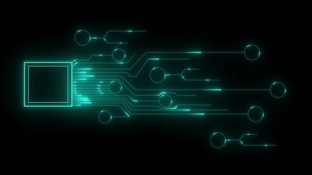 Futuristic digital circuit board animation featuring glowing cyan lines and interconnected nodes on a dark background, illustrating advanced technology, high-speed data flow, and cyber networks.