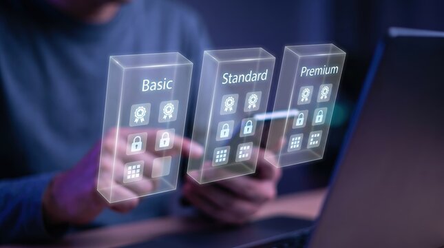 Digital Subscription Models, Cybersecurity Assurance, and Cloud Storage Management Concept: Floating Holographic Augmented Reality Interface with "Basic", "Standard", and "Premium" Service Tier Column
