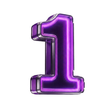3D Neon Purple Number One 1 with Chrome Metallic Frame Isolated on Transparent Background