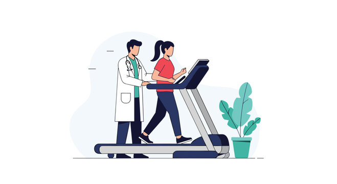 Medical professional in a lab coat supervising a woman running on a treadmill for a stress test or rehabilitation.