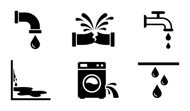 Plumbing Icons Set: Leaking Faucet, Broken Pipe, Water Damage, Washing Machine Leak, Dripping Water, Plumbing Problems Vector Graphics