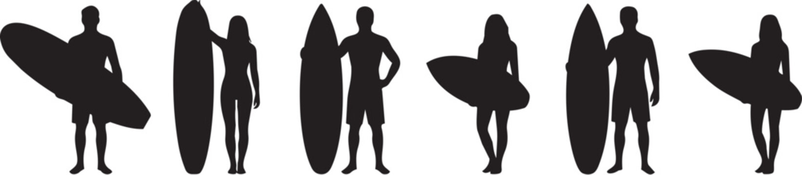 Black silhouettes of surfers standing with surfboards in various poses on white background vector graphic illustration