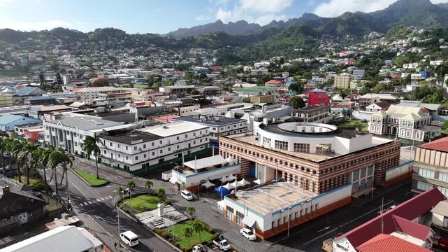 Panoramic aerial view of the colorful houses and crowded streets of Kingstown, the capital city of Saint Vincent and the Grenadines, Caribbean