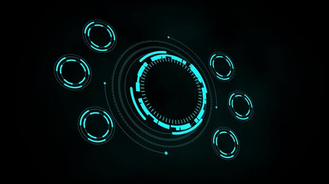Futuristic glowing cyan circular H U D elements and data interfaces on a dark background, Neon computer icons track online connection, Animated radar panels monitor system progress .