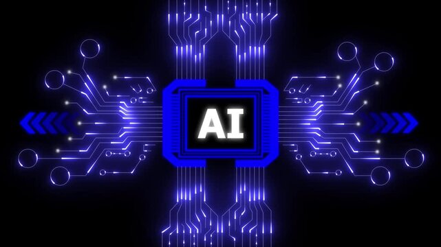 Artificial intelligence chip glowing circuit board connections data flow abstract technology. AI technology circuit board with digital chip. Futuristic machine learning concept.