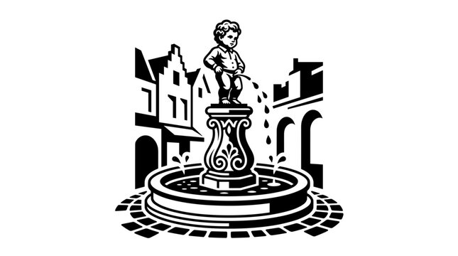 Manneken Pis fountain in Brussels city square illustration.