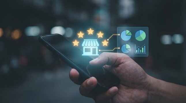 Local Business Discovery, Customer Rating System, and Store Analytics Dashboard Concept: Glowing Holographic Layout with 2D Shop Icon, Yellow Stars, and Flat Pie Charts above Blurred Smartphone