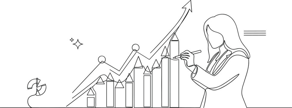 Continuous one line drawing of businesswoman drawing financial growth chart bar graph arrow success minimalist vector illustration