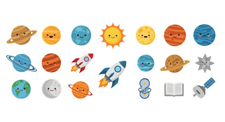 Solar system planets and space exploration icons with cute faces © fajri