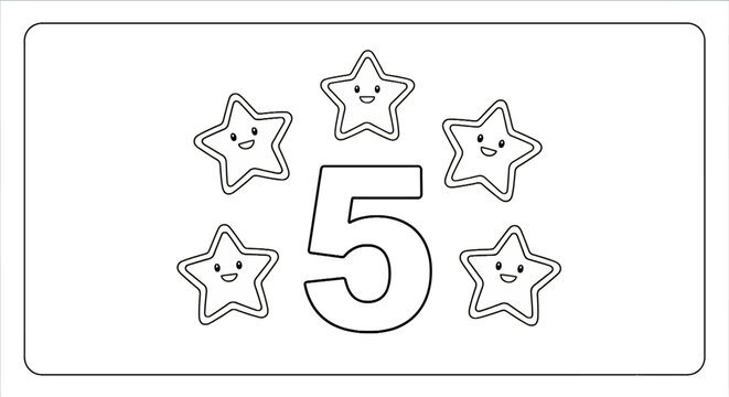Large number five with cute smiling stars coloring page