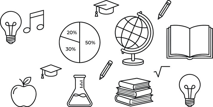 Education school learning back to school science math geography and creative thinking thin line vector doodles icons set