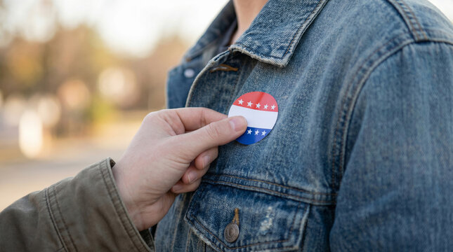 A hand places a round voted sticker onto a denim jacket in soft daylight, close up on fabric texture and subtle civic pride without explicit political cues. Concept: social proof visuals