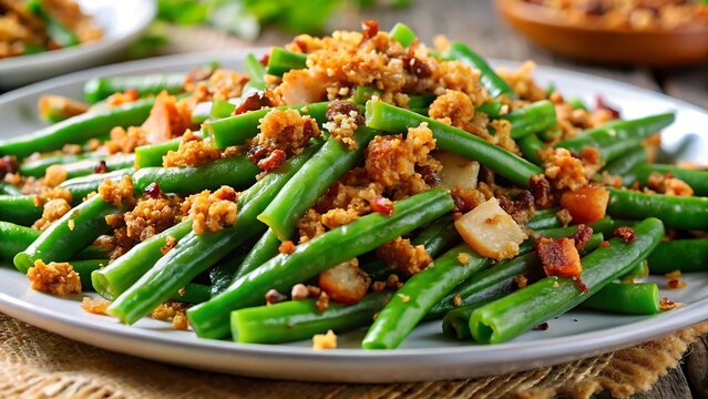 Fresh Green Beans Topped With Crispy Crumble and Bacon Bits string beans vegetable