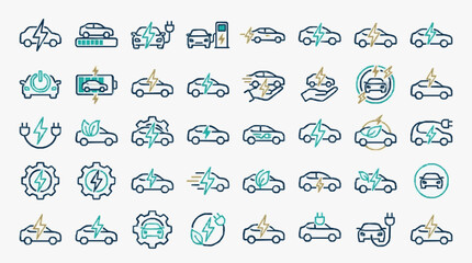 Fototapeta premium Modern Electric and Eco Friendly Vehicle Icons Set with Blue Green and Gold Accents with high quality professional line art symbols for modern creative design and digital branding projects