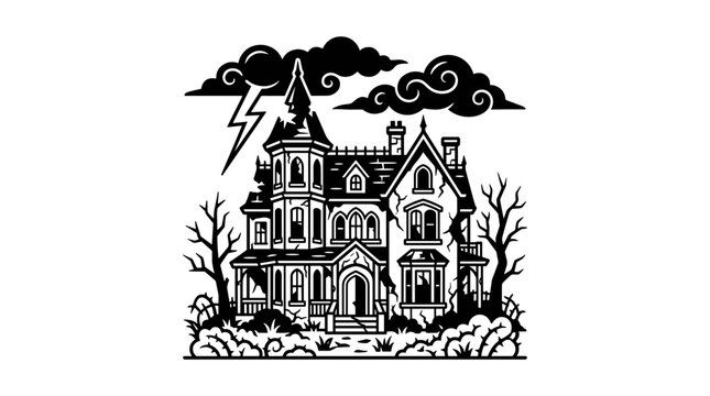Large Gothic Haunted House Illustration.