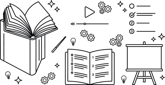 Online education e-learning textbook video tutorial presentation board checklist study plan course thin line vector icons set