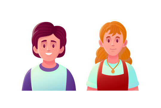 Vector illustration of a smiling teenage boy with freckles and a young ginger-haired girl.
