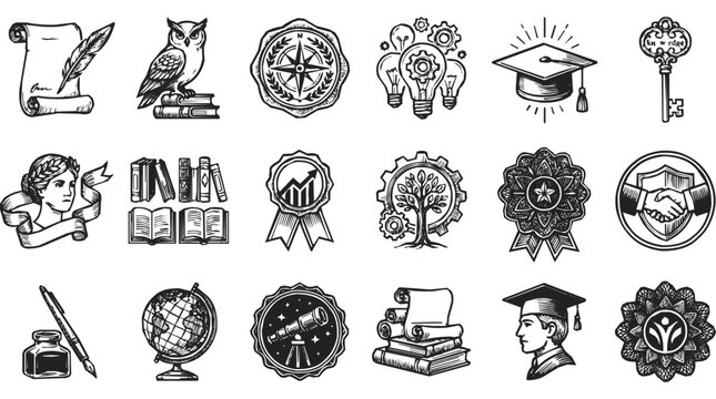Vintage education icon set with symbols of wisdom, success, and knowledge featuring a graduation cap, owl, books, and antique scrolls in engraving