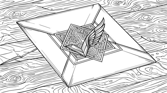 Detailed illustration featuring a checkmark with a wing symbol on a sealed envelope with geometric patterns over a wood grain texture background