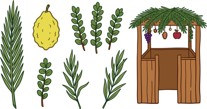 Sukkot Jewish Holiday Vector Set Featuring Traditional Sukkah Booth and Four Species Elements Lulav Etrog Hadass and Arava for Festive Religious Celebration Designs