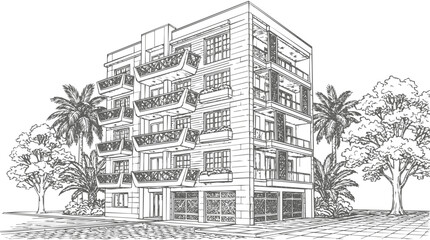 Fototapeta premium Architectural sketch of a modern building apartment complex showing a residential design hand drawn with palm trees and balconies