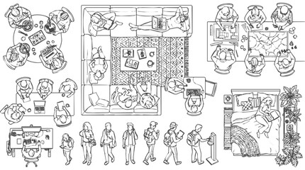 Obraz premium A detailed architectural sketch of a modern interior design floor plan featuring people top view in various hand drawn living and working scenes.