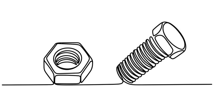 Continuous line drawing of a metal bolt and nut showing a simple industrial connection concept for construction engineering and maintenance repair work tools Vector, illustration
