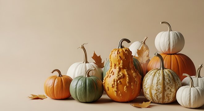 A group of orange white and green pumpkins and gourds on beige background with leaves