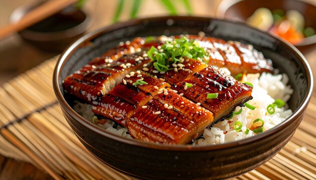 A delicious bowl of grilled eel sits on a bed of white rice, garnished with green onions and sesame seeds on a bamboo mat.