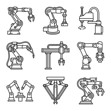 Comprehensive Industrial Robot Line Icon Set Featuring Robotic Arm Automation and Manufacturing Solutions for Modern Factory Systems