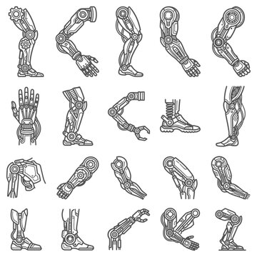 Set of robotic prosthetic limbs with cybernetic and bionic arm and leg line art icons, representing futuristic medical technology and mechanical