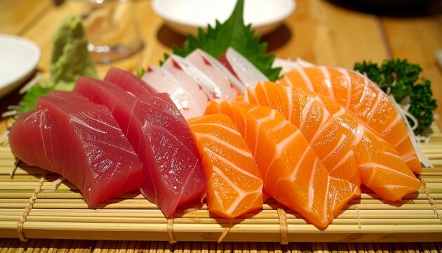 Sushi sashimi plate with salmon and tuna.