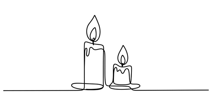 Two lit candles burning with bright flames drawn in a continuous single black line art style for a simple minimalist design concept for home decor Vector, illustration