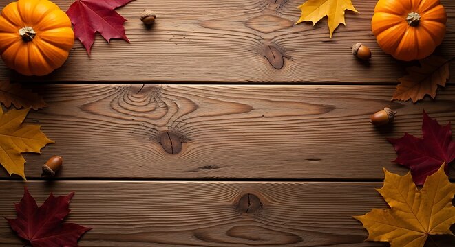 Autumn leaves and pumpkins on a rustic wooden table surface
