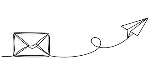 Continuous single line drawing of a paper plane taking off from a closed envelope representing message sending or email communication in a minimal style Vector, illustration © D-Stocker2026