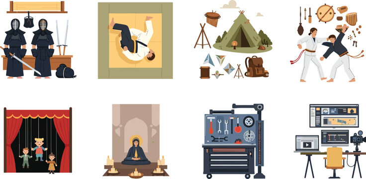 Martial arts training camping adventure puppet theater meditation yoga mechanics workshop and video editing studio vector illustration set.