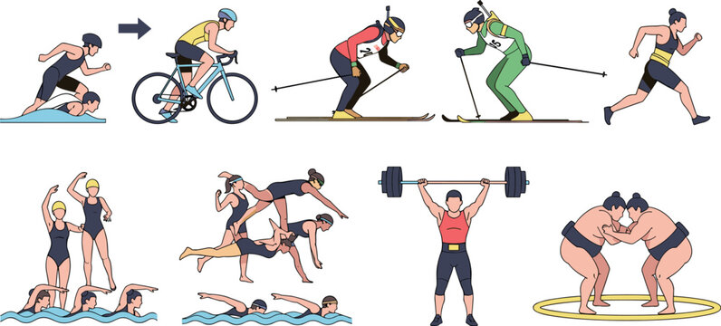 Triathlon and Multi Sport Athletes Flat Vector Set Featuring Swimming Cycling Running Skiing Weightlifting and Wrestling Activities