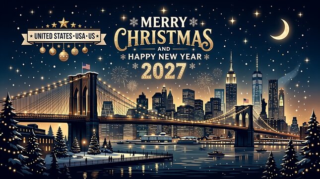 Merry Christmas and Happy New Year 2027 with Brooklyn Bridge and New York City skyline winter celebration.