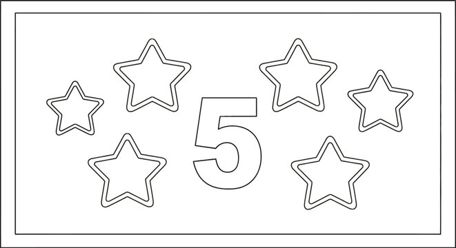 Number five surrounded by stars outline for kids coloring