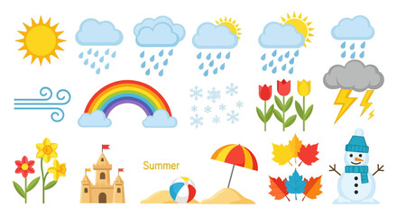 Fototapeta premium Comprehensive weather forecast icons and seasonal symbols